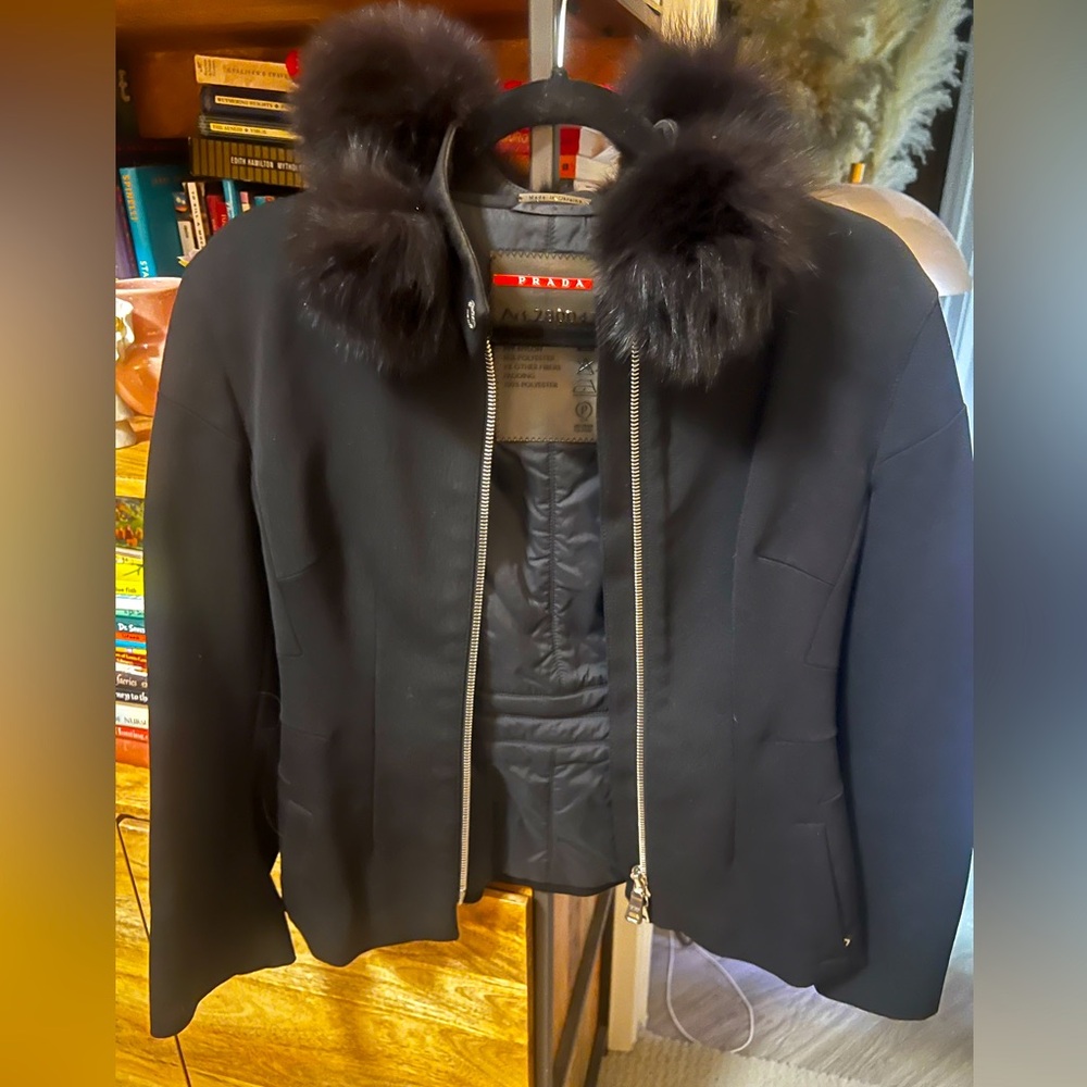 Prada sport coat rabbit fur collar
